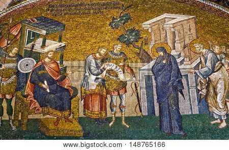 ISTANBUL, TURKEY - OCTOBER 31, 2015: Ancient mosaic in the Church of the Holy Saviour in Chora in Istanbul, Turkey.