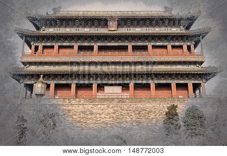 Beijing, China at the Zhengyangmen Gatehouse in Tiananmen Square. Beautiful historical building at sunset. Vintage painting, background illustration, beautiful picture, travel texture