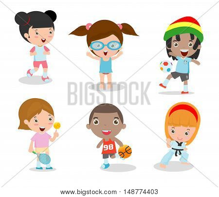 kids and sport, Kids playing various sports on white background , Cartoon kids sports,running, football, tennis, Taekwondo, karate, Swimming,Vector illustration