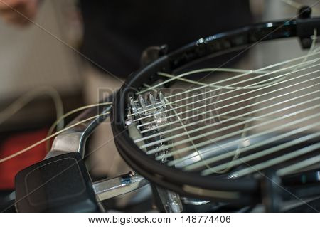 Detail Of Tennis Racket In The Stringing Machine