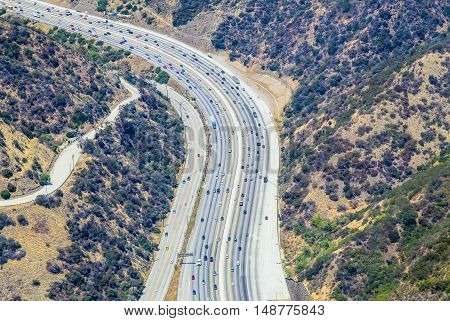 LOS ANGELES, USA - MAY 27, 2015: Aerial view of a part of the Interstate 405 near Bel Air.