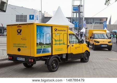 HANNOVER GERMANY - 23 2016: New electric mail delivery van from the Deutsche Post DHL at the IAA Commercial Vehicles 2016 International Trade Fair