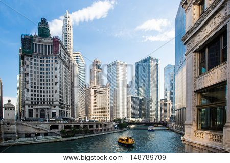 Chicago, USA - July 8, 2014: Chicago's famous Wrigley Building on Michigan Ave on a hot summer's day