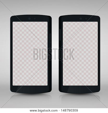 Flat 3d isolated black smartphones mockups with blank screen isolated. Empty screen phone. Vector illustration. for printing and web element, Game and application mockup.