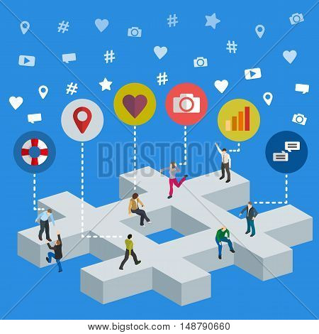 Social media marketing 3d isometric concept. Social media web banner. Isometric people on by #. Flat social icons. SMM vector illustration.
