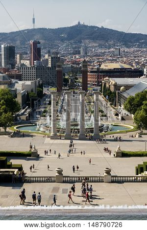 BARCELONA, SPAIN - JULY 12, 2016: Barcelona (Catalunya Spain): the hill of Montjuich and the Museum of Catalan Art. View of Plaza de Espana