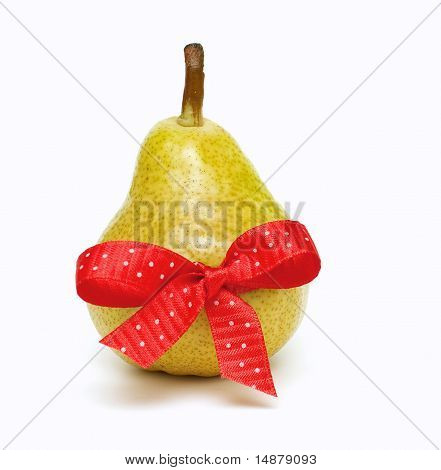 pear tied with a red bow
