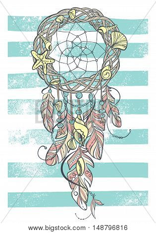 Vector Dreamcatcher Amulet of Sea Style. Native American Indian talisman with Feathers and Shells