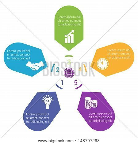 Color Arrows arranged in circle pointing inside the circle. Template for infographic numbered five positions.
