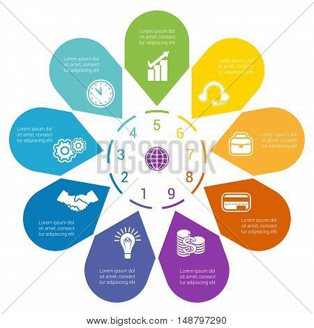 Color Arrows arranged in circle pointing inside the circle. Template for infographic numbered nine positions.