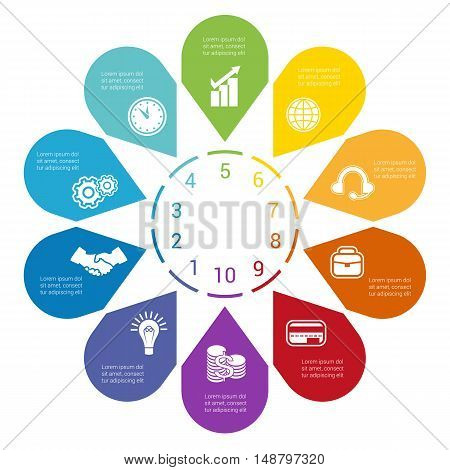 Color Arrows arranged in circle pointing inside the circle. Template for infographic numbered ten positions.
