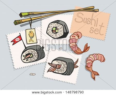 Sushi set painted on stickers. View from above on the table. Vector illustration.