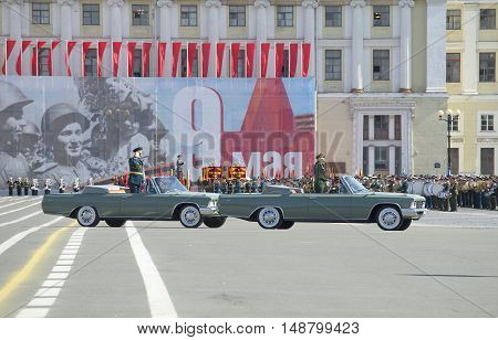 SAINT PETERSBURG, RUSSIA - MAY 09, 2015: The commander of ZVO Colonel-General Sidorov A. A. opens with the rehearsal of parade in honor of Victory day