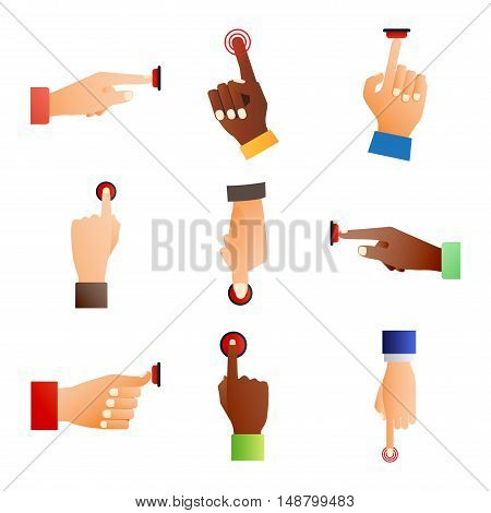Hand press red button finger press icon on white background. Finger control start up hands push red buttons pointer cursor. Target gesture internet human hands push buttons touch concept one click.