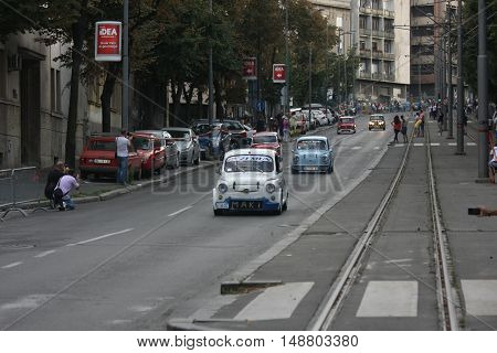 BELGRADE,SERBIA - SEPTEMBER 10, 2016:Old Fiats 500 and 750 at the commercial race of old cars in memory of formula 1 race held on the same place in 1939 two days after the beginning of Second World War when the famous Italian driver Tazio Nuvolari won