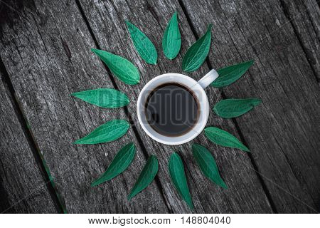Coffee cup with leaves. Flat lay. Nature concept.