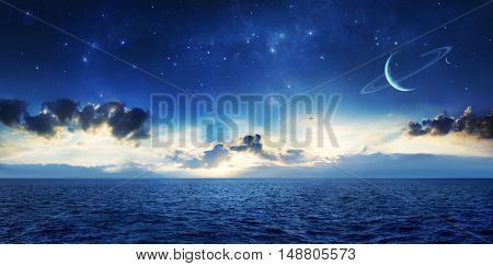 2d illustration and photo manipulation of an alien planet or moon with an ocean of liquid water and a sky with stars and planets.
