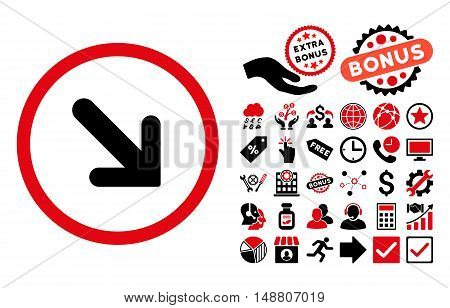 Arrow Right-Down icon with bonus icon set. Vector illustration style is flat iconic bicolor symbols, intensive red and black colors, white background.