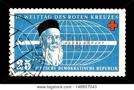 GERMAN DEMOCRATIC REPUBLIC - CIRCA 1957 : Cancelled postage stamp printed by German Democratic Republic, that shows Henri Dunant.