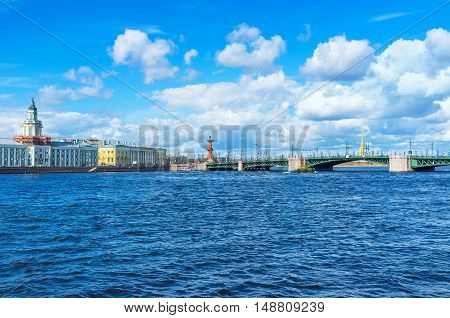 The Palace Bridge over Bolshaya Neva river connects the mainland with Vasilyevsky Island St Petersburg Russia.