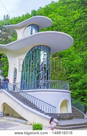 BORJOMI GEORGIA - MAY 27 2016: The lower station of cable car located next to the Mineral Water Park on May 27 in Borjomi.