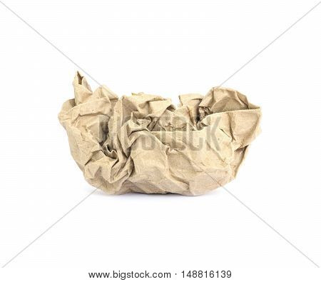Closeup brown crumpled paper isolated on white background with clipping path