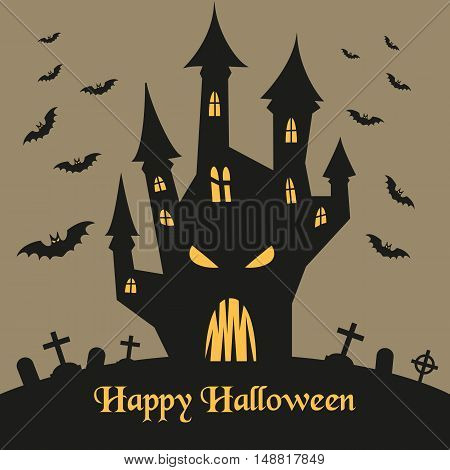 Spooky silhouette of Halloween castle and bats for halloween invitation card or halloween party poster. Vector illustration.