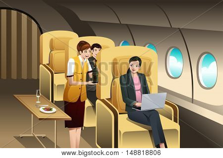 A vector illustration of First Class Passengers Being Served by the Flight Attendant