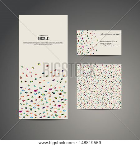 Business brochure flyer banner, business card and card with seamless pattern. Vector template design. Many people run to an inscription big sale. Crowd runs to contact information. People top view.
