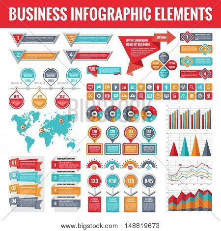 Big set of business infographic elements for presentation, brochure, web site and other projects. Abstract infographics templates in flat style design. Vector concept illustration and icons.