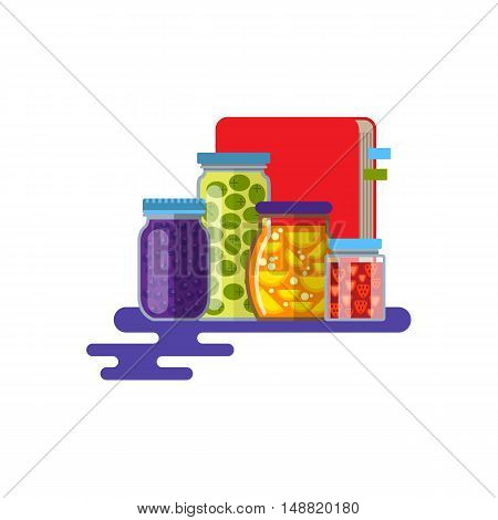 Home preserving. Glass jars and recipe book. Flat Design Style. Vector illustration
