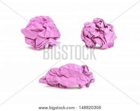 Closeup group of purple crumpled paper isolated on white background