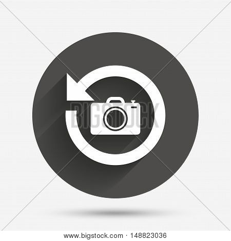Front photo camera sign icon. Digital photo camera symbol. Change front to back. Circle flat button with shadow. Vector