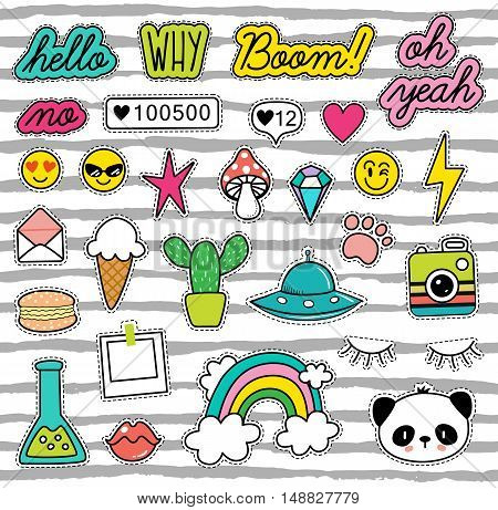 80s pop art design, patches, pins, stickers, badges collection