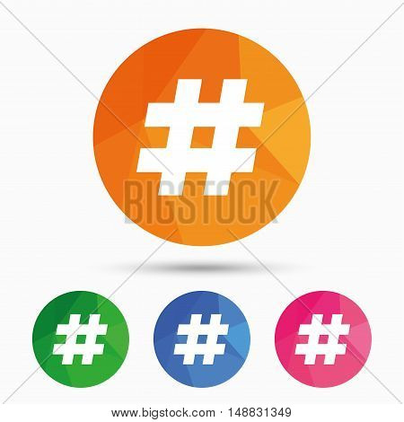 Hashtag sign icon. Social media symbol. Triangular low poly button with flat icon. Vector