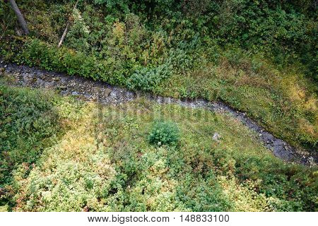Tiny mountain river in the Carpathians top view from the lift