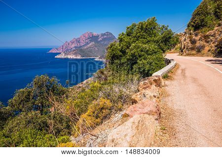View from famous D81 coastal road with view of Golfe de Porto near Porto town Corsica France Europe.