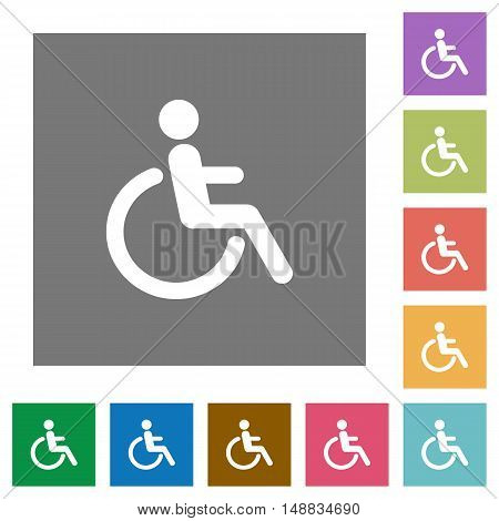 Disability flat icon set on color square background.