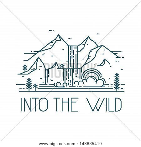 Into the wild. Vector line mountain landscape with waterfall. Rainbow in waterfall. Linear illustration isolated on white