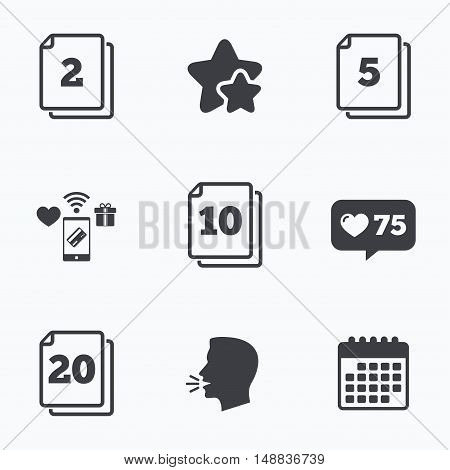 In pack sheets icons. Quantity per package symbols. 2, 5, 10 and 20 paper units in the pack signs. Flat talking head, calendar icons. Stars, like counter icons. Vector
