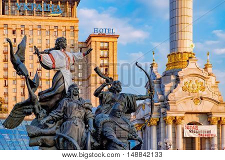 Monument of City-founders in the Ukrainian national clothes as the symbol of independence of Ukraine Independence Square Kiev Ukraine