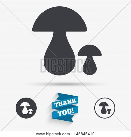 Mushroom sign icon. Boletus mushroom symbol. Flat icons. Buttons with icons. Thank you ribbon. Vector