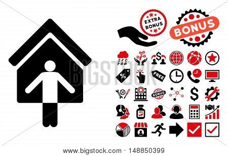 House Owner Wellcome pictograph with bonus images. Vector illustration style is flat iconic bicolor symbols intensive red and black colors white background.