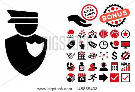 Policeman icon with bonus images. Vector illustration style is flat iconic bicolor symbols intensive red and black colors white background.