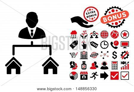 Realty Manager icon with bonus pictogram. Vector illustration style is flat iconic bicolor symbols intensive red and black colors white background.