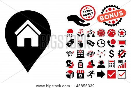 Realty Map Marker icon with bonus pictogram. Vector illustration style is flat iconic bicolor symbols intensive red and black colors white background.