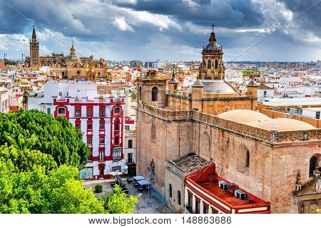 Seville Spain. Aerial view from the Space Metropol Parasol (Setas de Sevilla) one have the best view of the city for city in Andalusia.