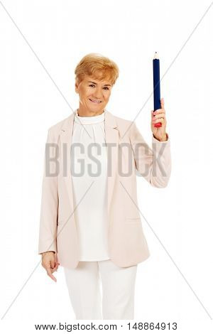 Smile elderly woman pointing up with hege pen