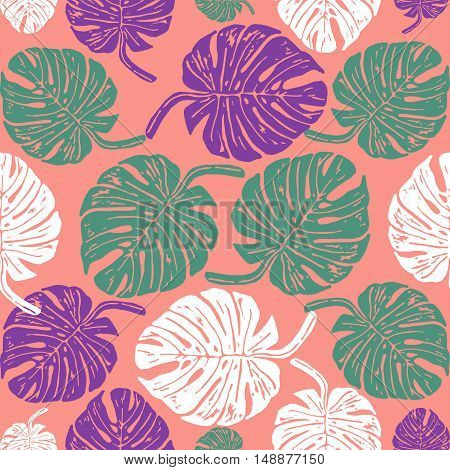 Linocut tropical Monstera leave background. Vector Illustrated tropical plants leaves seamless pattern.