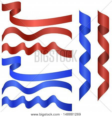 Red and blue shining rolled vector ribbons . Ribbon decoration and satin or silk curl ribbon illustration